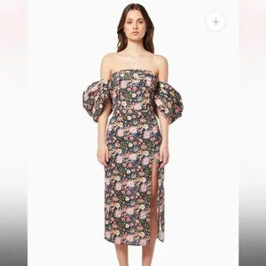 elliatt mavis black floral print off shoulder puff sleeve linen midi dress XL